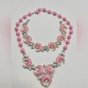 Vintage Kramer Pink Lucite Crescent Moon & Rhinestone Necklace & Bracelet Set